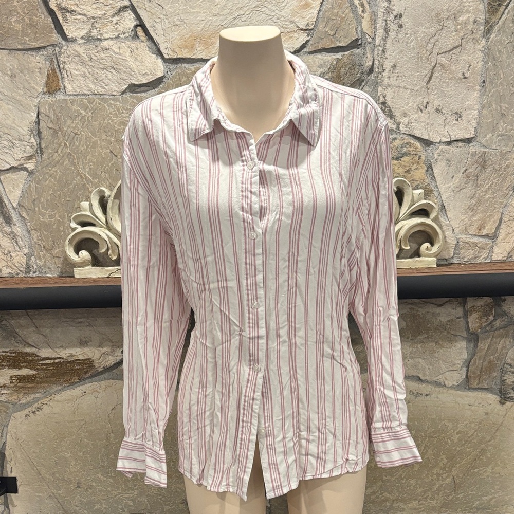 Tahari Pink and White Striped Button-Down Shirt